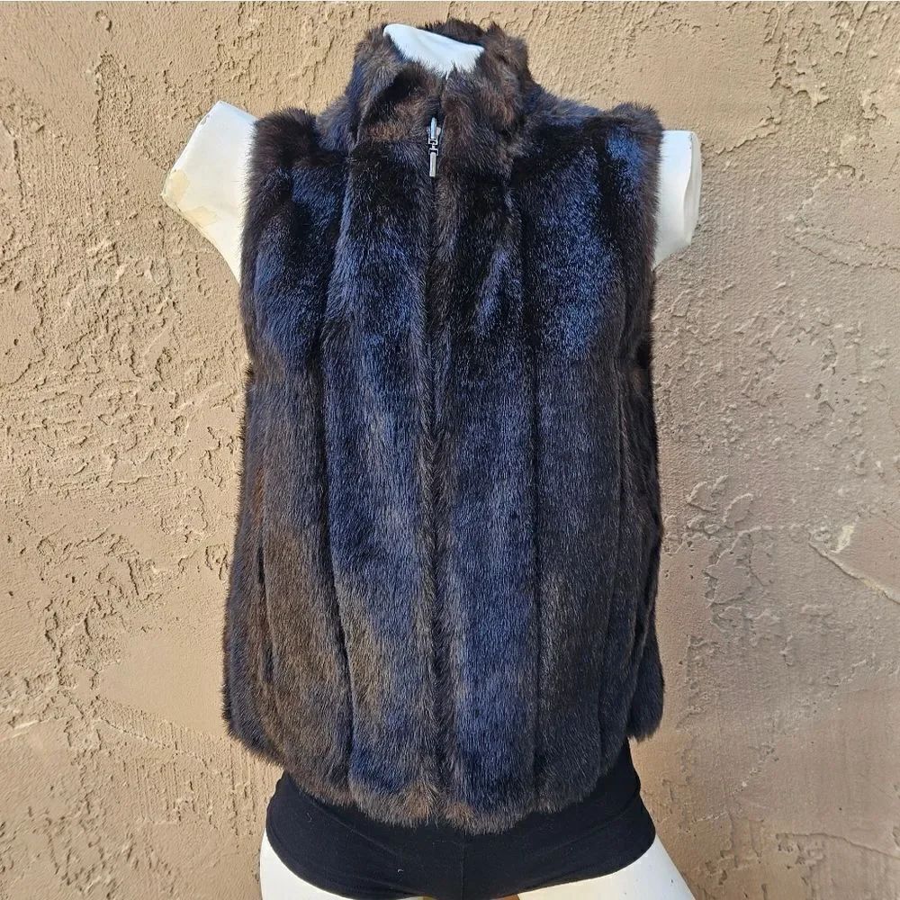 NWOT Worthington Reversible Brown and Black Faux Fur Faux Leather Zip-up Vest